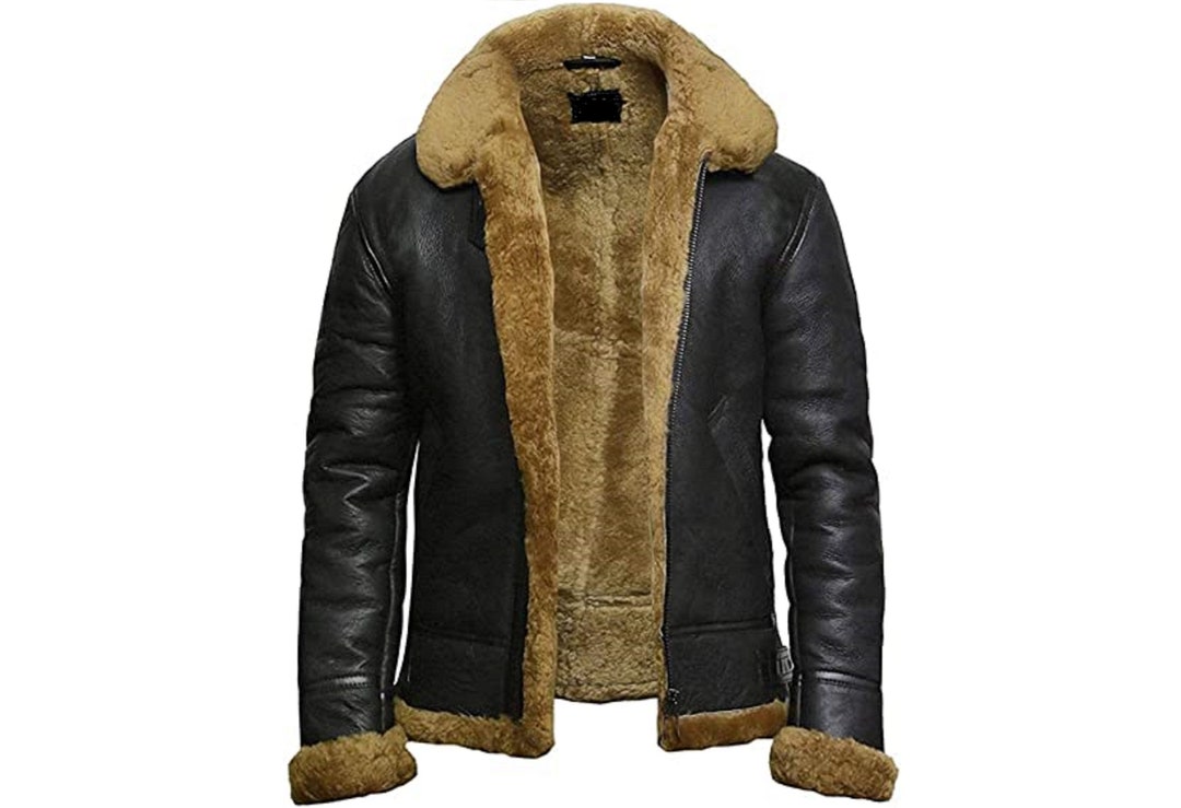 Mens Black Shearling Jacket Real Sheep Skin Aviator Jacket Handmade ...