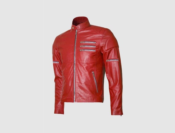 Chaqueta roja de cuero para hombre, chaqueta de moto hecha a mano