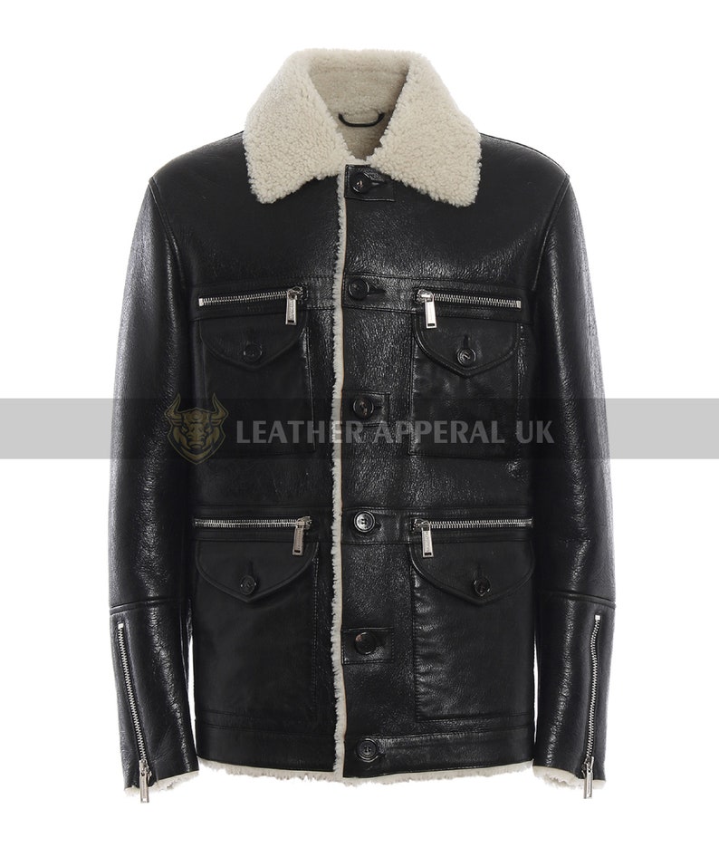 Real Leather Shearling Jacket Black Sheep Skin Aviator Jacket Handmade Winter Jacket