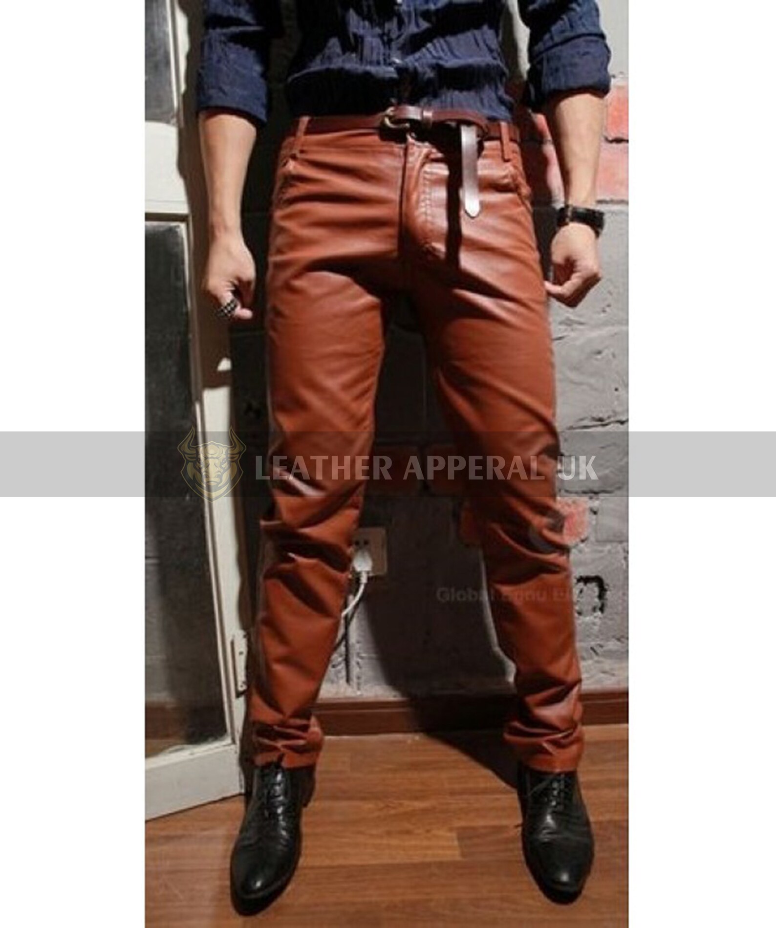 Mens Brown Leather Pants Handmade Real Cow Leather Biker Pants Slim Fit
