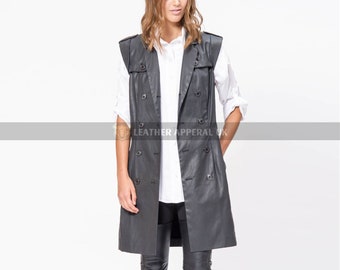 Damen Echtleder Trench Weste Schwarz Stilvolle Lange Weste Echtes Rindsleder Handgefertigte Weste Steampunk lange Weste