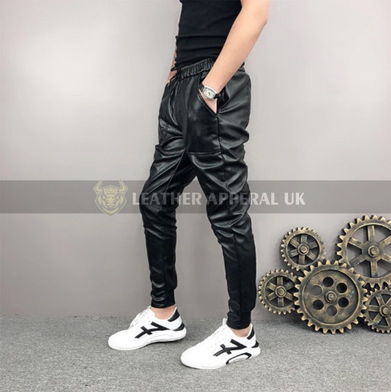 Men's Leather Black Lambskin Sweat Pants. Handmade Soft Leather Joggers  trousers