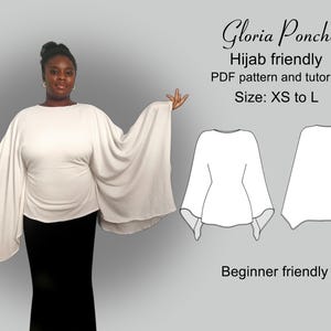 May include: A white Gloria Poncho sewing pattern for sizes XS to L. The pattern is hijab friendly and includes a PDF pattern and tutorial. The pattern is beginner friendly.