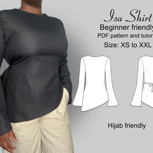 May include: A black Isa Shirt with long, flared sleeves. The image includes a pattern and tutorial, beginner-friendly, in sizes XS to XXL. The design is also described as hijab-friendly.