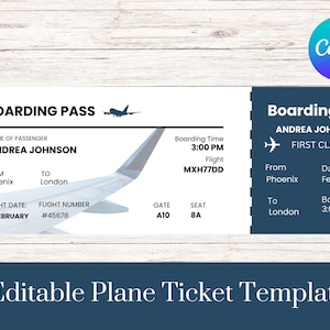Bearbeitbare Flugticket-Vorlage | Druckbares Flugticket | Individuelle Flugticket-Einladung | Flugticket Template auf Canva | Ticket Geschenk