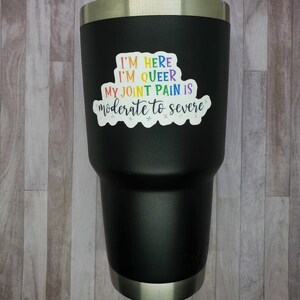 May include: Black stainless steel tumbler with a rainbow sticker that reads "I'm here I'm queer My joint pain is moderate to severe".