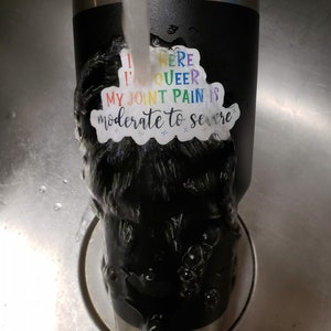 May include: A black stainless steel tumbler with a white sticker that says "I'm here I'm queer my joint pain is moderate to severe". The sticker has rainbow lettering.