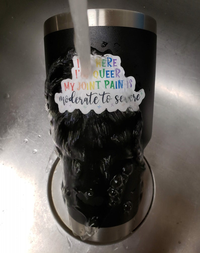 May include: A black stainless steel tumbler with a white sticker that says "I'm here I'm queer my joint pain is moderate to severe". The sticker has rainbow lettering.