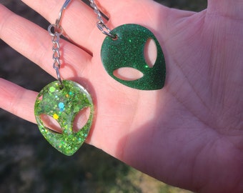 Green Glitter Alien Keychain: Resin Galactic Style