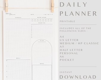 May include: A printable daily planner with a simple design. The planner includes sections for schedule, water intake, priorities, to do, meals, and notes. The planner is available in multiple sizes: A4, US Letter, Medium/HP Classic, A5, Half Letter, Personal, A6, and Pocket.
