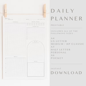 Daily Planner Insert, A4/A5/A6/Letter/Half/Medium/Personal/Pocket Size, Minimalist Printable Day Planner, Productivity Planner, Daily Log