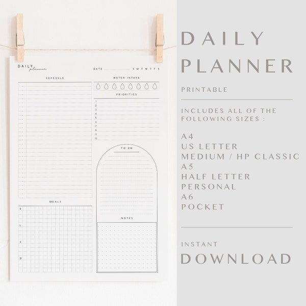 Daily Planner Insert, A4/A5/A6/Letter/Half/Medium/Personal/Pocket Size, Minimalist Printable Day Planner, Productivity Planner, Daily Log
