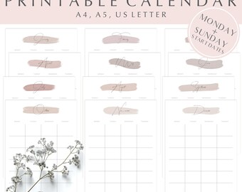Ongedateerde maandplanner, maandplanner, afdrukbare kalender, academische planner, weekplanner, kunstkalender, agenda, schoolbenodigdheden
