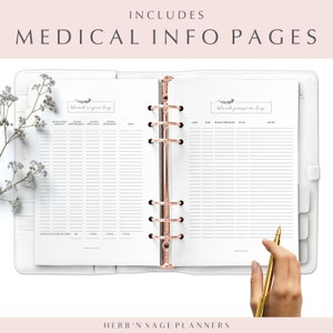 May include: Two white pages with a rose gold binder. The left page has a blood sugar log with columns for date, time, before eating, after eating, 1 hour, 2 hours, 3 hours, and notes. The right page has a blood pressure log with columns for date, time, blood pressure, pulse, and notes.