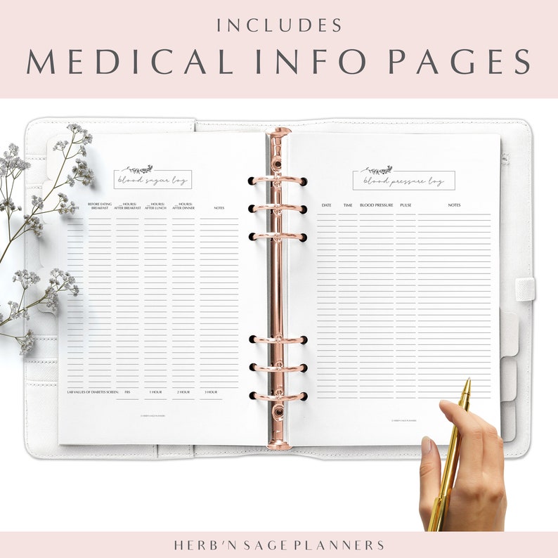 May include: Two white pages with a rose gold binder. The left page has a blood sugar log with columns for date, time, before eating, after eating, 1 hour, 2 hours, 3 hours, and notes. The right page has a blood pressure log with columns for date, time, blood pressure, pulse, and notes.