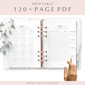 May include: A printable weight tracker planner with 120+ pages. The planner features a weekly heart tracker and a daily weight tracker with columns for date, weight, loss, gain, comments, and starting weight. The planner is designed for use during pregnancy.