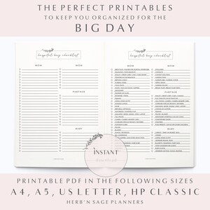May include: Printable checklist for a hospital bag, with sections for Mom, Partner, and Baby. The checklist includes items such as birth plan, insurance information, toiletries, and clothing.
