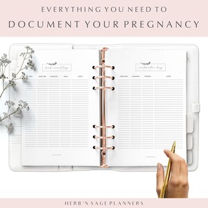 May include: A white planner with a rose gold binder ring. The planner has two pages, one labelled "kick count log" and the other labelled "contraction log".