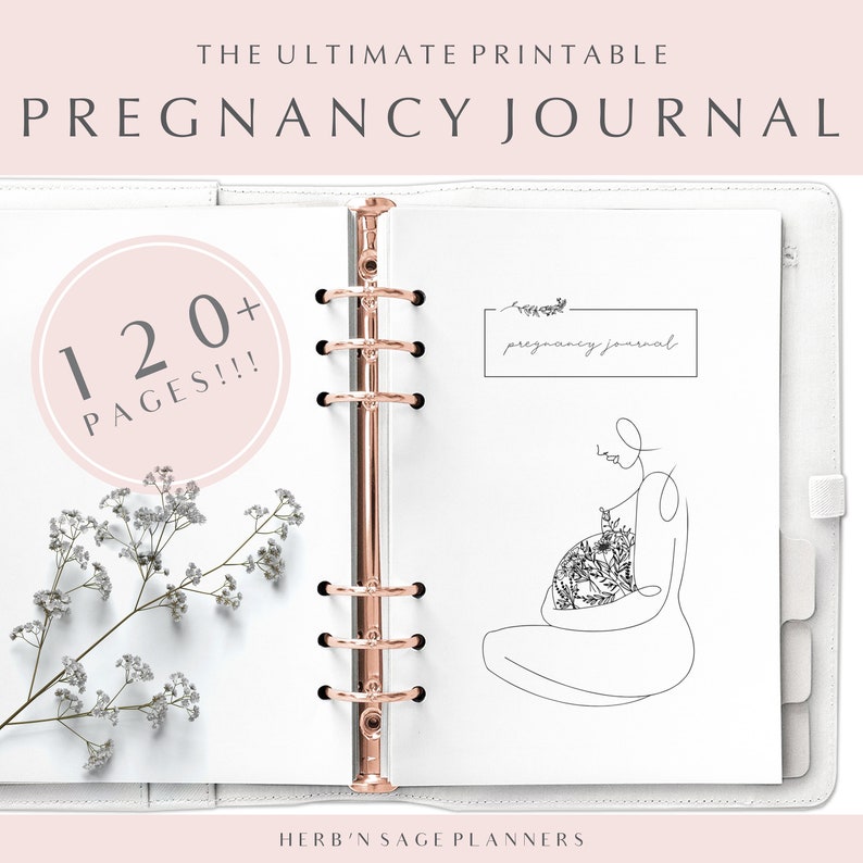 May include: A white pregnancy journal with a rose gold binder. The journal has a line drawing of a pregnant woman with flowers in her belly. The cover also has the text 'pregnancy journal' and '120+ pages!!'. The journal is on a white surface with a sprig of white flowers.