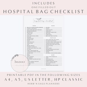 May include: A printable checklist for packing a hospital bag for a new mom, partner, and baby. The checklist is organized by category and includes items such as toiletries, clothing, and baby supplies. The checklist is in a minimalist style with a light gray background and black text.