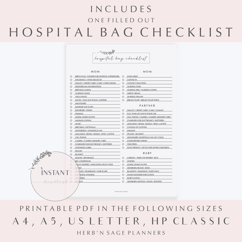 May include: A printable checklist for packing a hospital bag for a new mom, partner, and baby. The checklist is organized by category and includes items such as toiletries, clothing, and baby supplies. The checklist is in a minimalist style with a light gray background and black text.