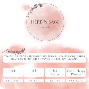 May include: A size guide for printable digital files from Herb'n Sage. The guide shows the dimensions of four different paper sizes: A4 (8.27 x 11.69 inches), A5 (5.8 x 8.3 inches), US Letter (8.5 x 11 inches), and Classic Happy Planner (6.69 x 9.25 inches).