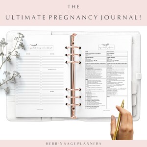 May include: A white binder with a gold ring mechanism. The left page has a checklist titled "Hospital Bag Checklist" with sections for Mom, Partner, and Baby. The right page has a checklist titled "My Birth Plan" with sections for "Where Do You Plan To Give Birth", "Doctor/Midwife", "Support Person(s)", "Other", "Labour", and "Postpartum".