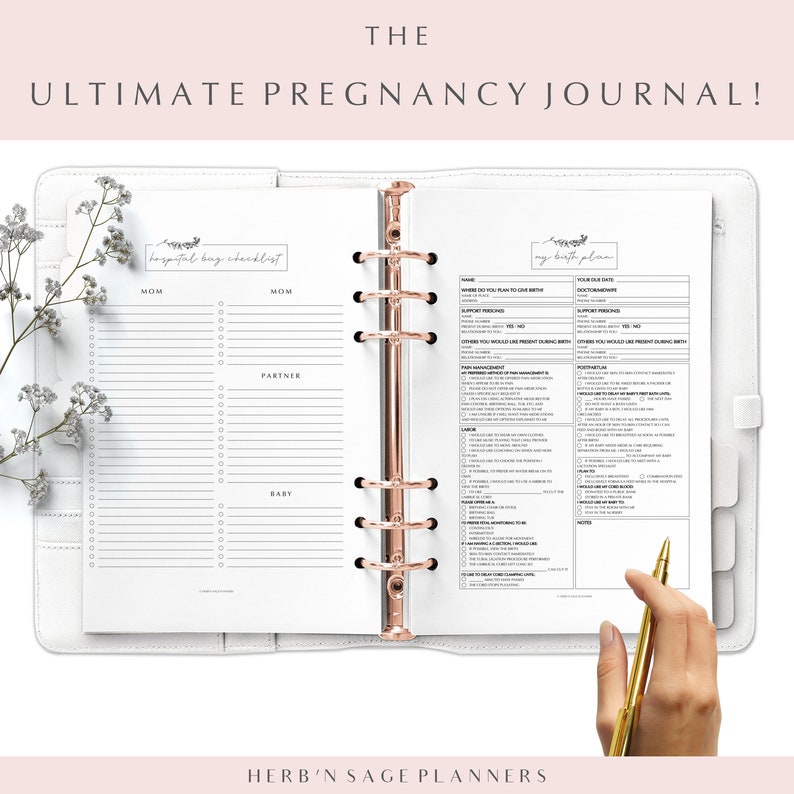 May include: A white binder with a gold ring mechanism. The left page has a checklist titled "Hospital Bag Checklist" with sections for Mom, Partner, and Baby. The right page has a checklist titled "My Birth Plan" with sections for "Where Do You Plan To Give Birth", "Doctor/Midwife", "Support Person(s)", "Other", "Labour", and "Postpartum".