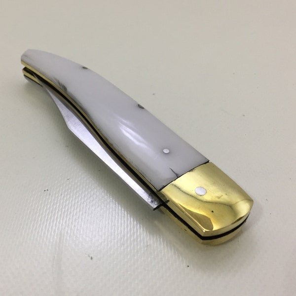 Large stainless steel pocket knife - solid brass body - made of WHITE Mica handle - pocket knives made in Turkey