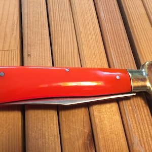Vintage style Ram head stainless steel pocket knife - solid brass body - made of NEON ORANGE mica handle - pocket knives made in Turkey