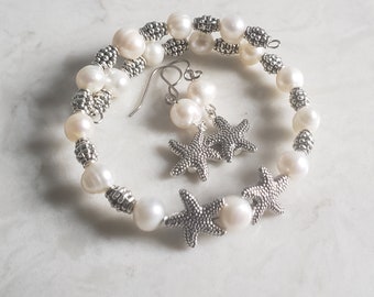 Silver Starfish and Freshwater Pearl Bracelet and Earring Set, Titanium hooks