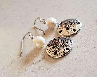 Genuine Freshwater Pearl and Silver Sand Dollar Earrings with Titanium hooks