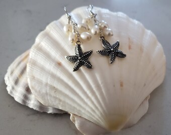 Silver Starfish and Pearl Earrings