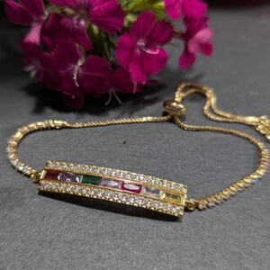 Adjustable Colorful Cubic Zirconia Bar Gold Plated Bracelet