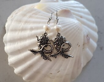 Silver Mermaid and Pearl Earrings