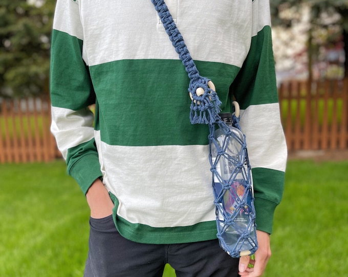 Macrame Water Bottle Holder | Recycled Cotton Sling with Wooden Beads