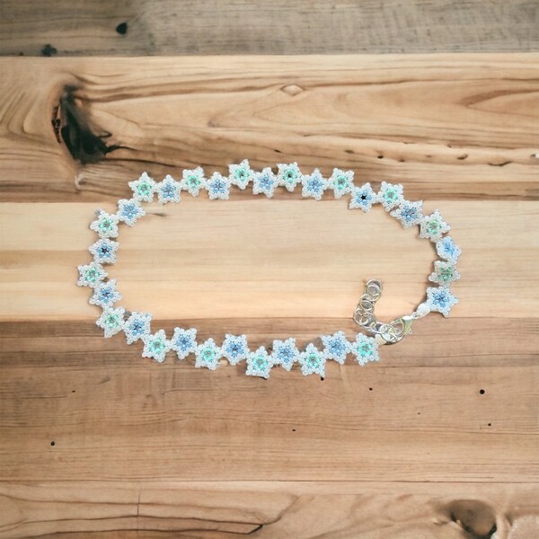 Snowflake Choker, Star Choker, White and Blue Necklace, Women’s Gift, Beaded Jewelry, Spring Trends 2021, Gifts for Teen Girls