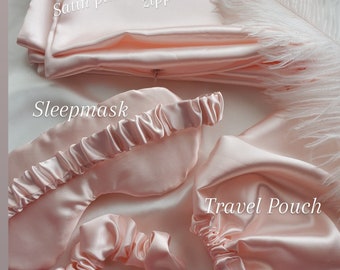 SLEEP SETS~silky Beauty pillowcase,Satin pouch,Satin sleep scrunchie,eye mask,skin/hair care tool/Bridesmaidsproposals/Mothers day gift set