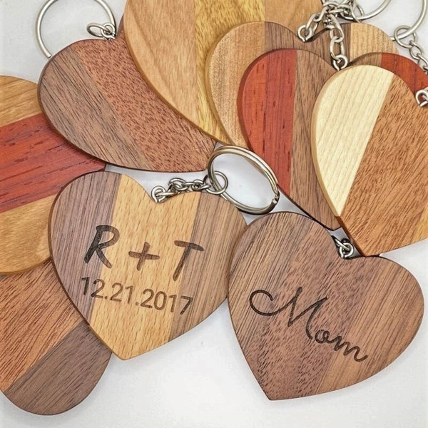 Custom Wood Heart Keychain - Personalized Engraving - Wood 5th Anniversary - Hardwood