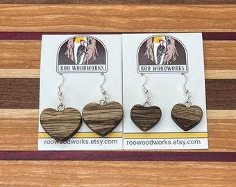 Wood Heart Shaped Earrings - Black Limba Hardwood - Hypoallergenic Earring Hooks - Two Sizes