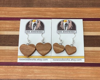 Wood Heart Shaped Earrings - Cherry Hardwood - Hypoallergenic Earring Hooks - Two Sizes