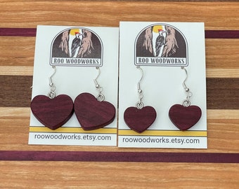 Wood Heart Shaped Earrings - Purple Heart Hardwood - Hypoallergenic Earring Hooks - Two Sizes