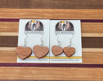 Wood Heart Shaped Earrings - Mahogany Hardwood - Hypoallergenic Earring Hooks - Two Sizes