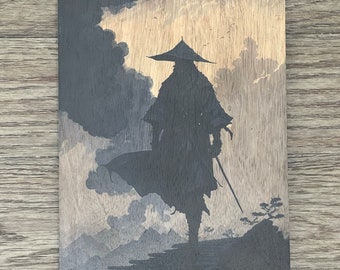 Wall Art Printed on Wood, Chinese Ink Painting Style, Shadow Ninja, 8"x10"