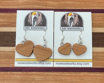 Wood Heart Shaped Earrings - Beech Hardwood - Hypoallergenic Earring Hooks - Two Sizes