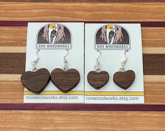 Wood Heart Shaped Earrings Made From Walnut Hardwood, Two Sizes - Handmade Wooden Earrings