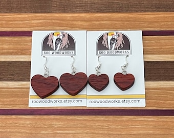 Wood Heart Shaped Earrings - Padauk Hardwood - Hypoallergenic Earring Hooks - Two Sizes