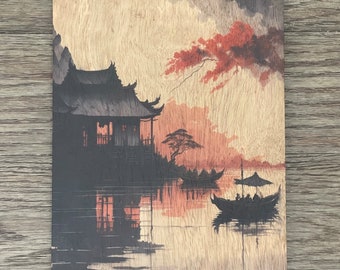 Wall Art Printed on Wood, Chinese Ink Painting Style, Boat on Water Print, 8"x10"