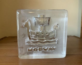 Norwegian Glass Paperweight With A  Vikingship -design