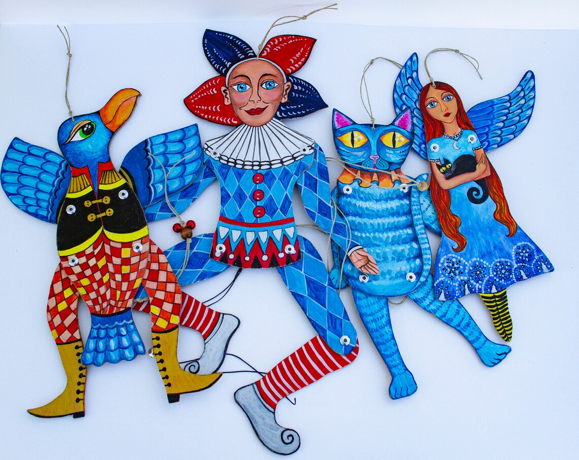 4 Articulated Wooden Puppets Blue Series Etsy
